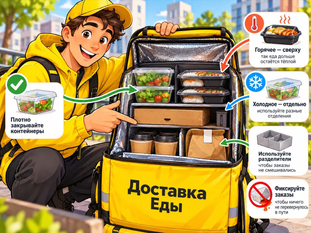 Как класть пиццу и другую еду в рюкзак курьера